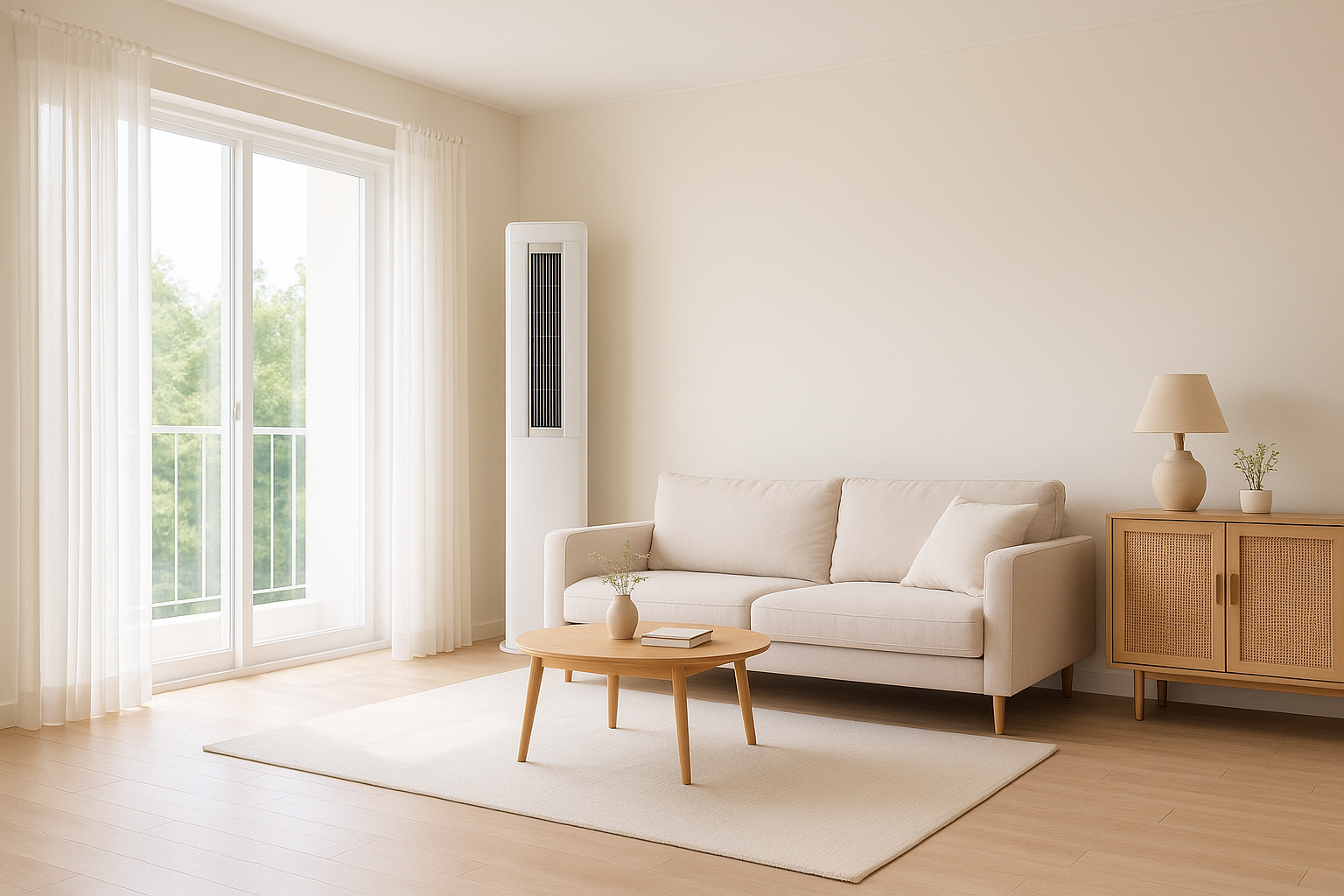 스탠드형 에어컨이 설치된 밝은 거실 전경