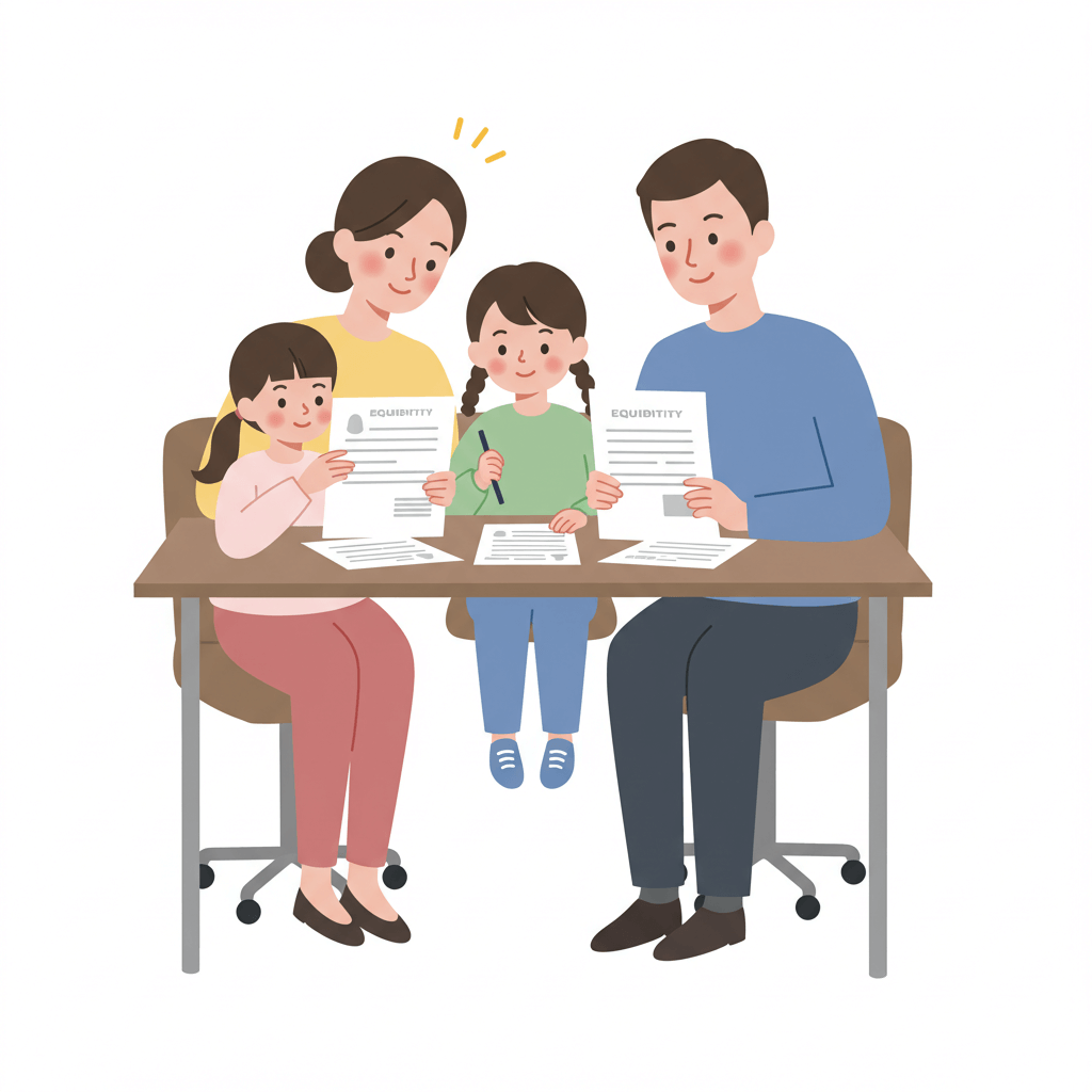 책상에 앉아 자녀장려금 신청 자격 서류를 확인하는 부모와 두명의 여자아이가 같이 서류를 보고 있다