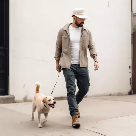 /imagine prompt : man wearing baseball cap walking his dog&amp;#44; fullbody --v 5 결과 1