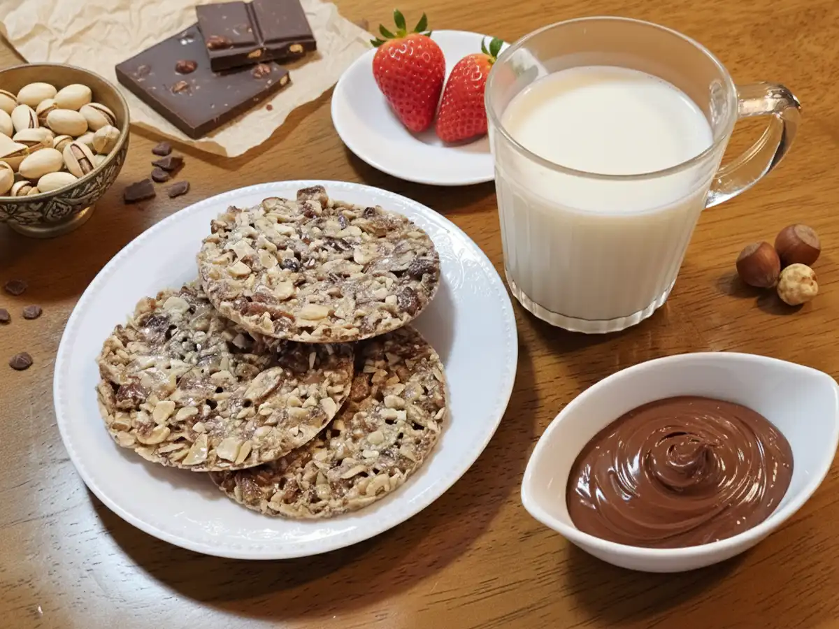 우유와 쿠키 및 견과류가 테이블에 세팅된 모습