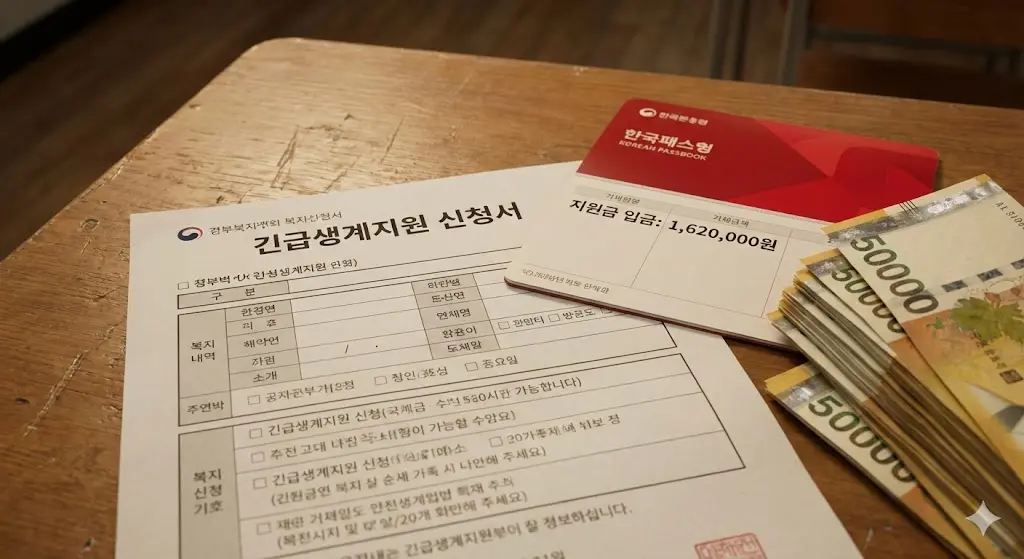 2026년 긴급생계비 지원금 신청서 작성 및 162만원 통장 입금 내역, 긴급복지지원제도 신청 자격 확인과 소액생계비 대출 승인 이미지