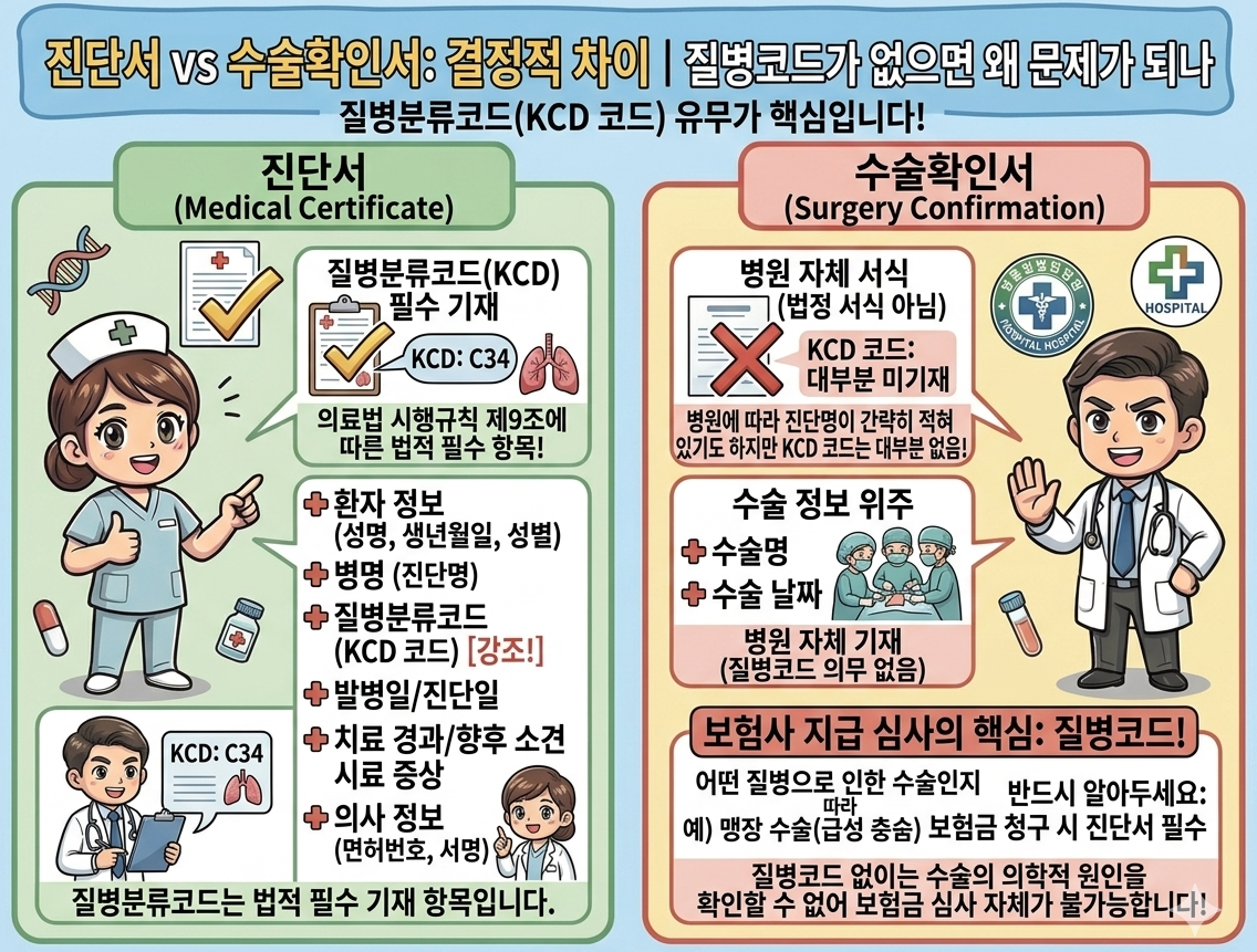 수술했는데 왜 진단서에 '질병코드'가 없나요? (수술확인서 vs 진단서)