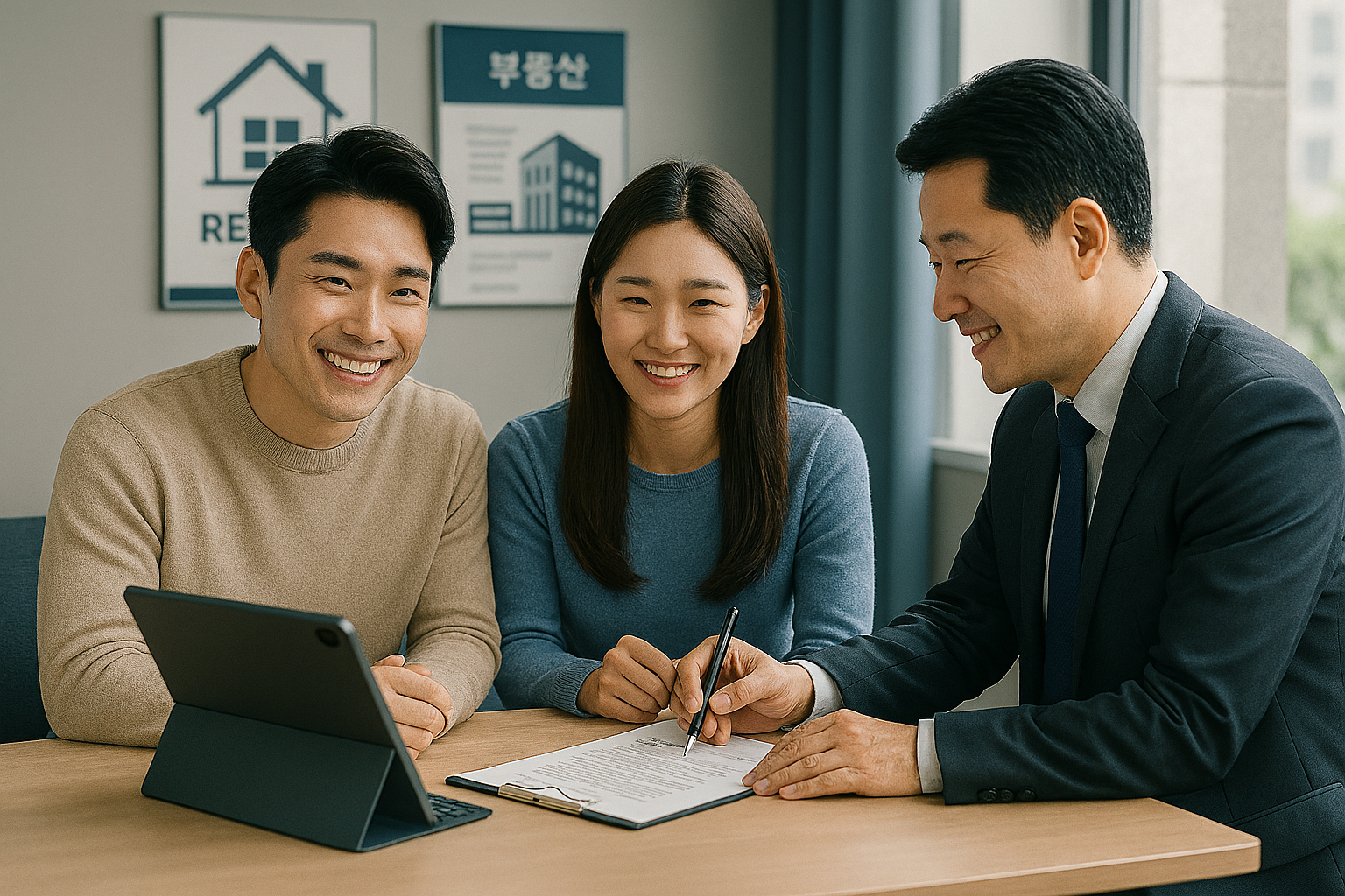전세계약 상담 장면 이미지, 임차인과 중개인 계약서 검토, 안심전세앱 활용, 전입신고 확정일자 설명 장면