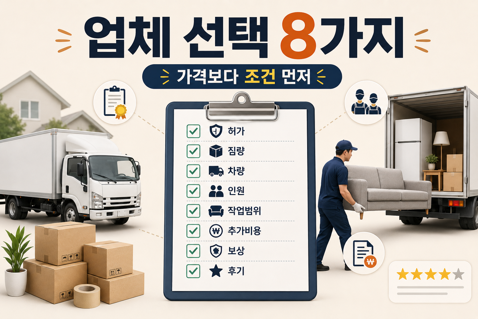포장이사 업체를 허가 차량 인원 작업범위 추가비용 보상 후기 기준으로 비교하는 이미지