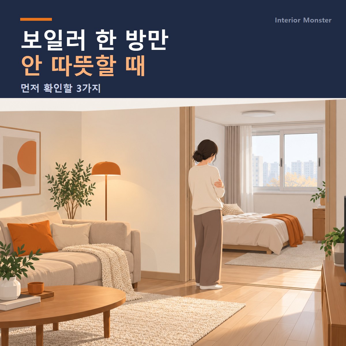 '보일러 한 방만 안 따뜻할 때' 표지. 거실과 작은방 사이 문턱에서 팔을 감싸고 작은방을 바라보는 사람
