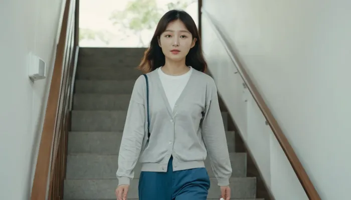 계단을 조심스럽게 오르며 고관절 통증을 관리하는 모습