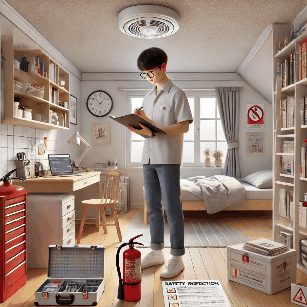 20대 한국 대학생이 자취방에서 화재 감지기와 소화기를 점검하며 주택 안전을 확인하는 모습