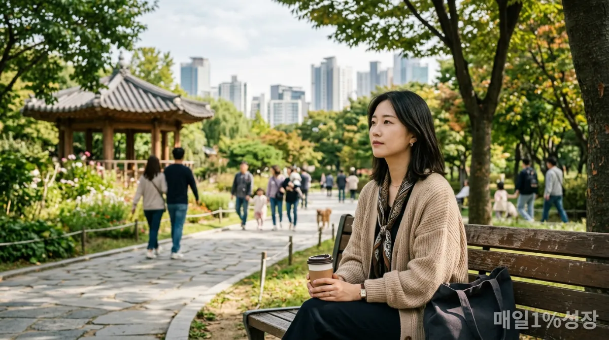 공원 벤치에 앉아 사색에 잠긴 한국인 여성, 휴식과 회복의 차이를 시각적으로 표현