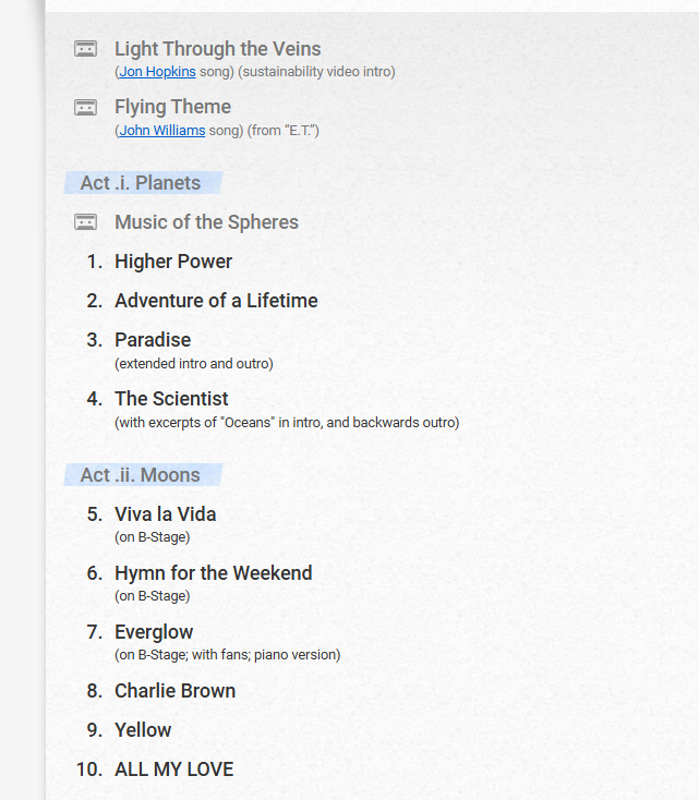 콜드플레이 내한공연 셋리스트