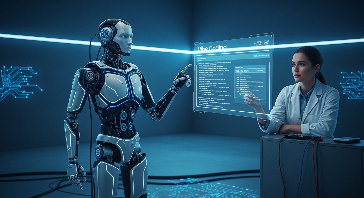 바이브 코딩을 통해 자연어로 소통하며 협업하는 엔지니어와 휴머노이드 로봇