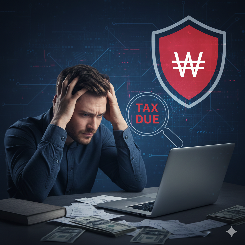 개인사업자 현금영수증 미발행 가산세 리스크를 설명하기 위해 돋보기로 세무 서류를 정밀 분석하는 모습과 금전적 패널티를 상징하는 동전들이 놓인 책상 이미지. 국세청의 간접 매출 추적 로직과 세무 조사 대비의 중요성을 시각화함.