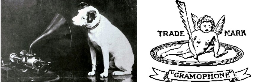 원통형 축음기를 배경으로 한 프란시스의 최초 HMV와 영국 그라모폰의 엔젤 레이블