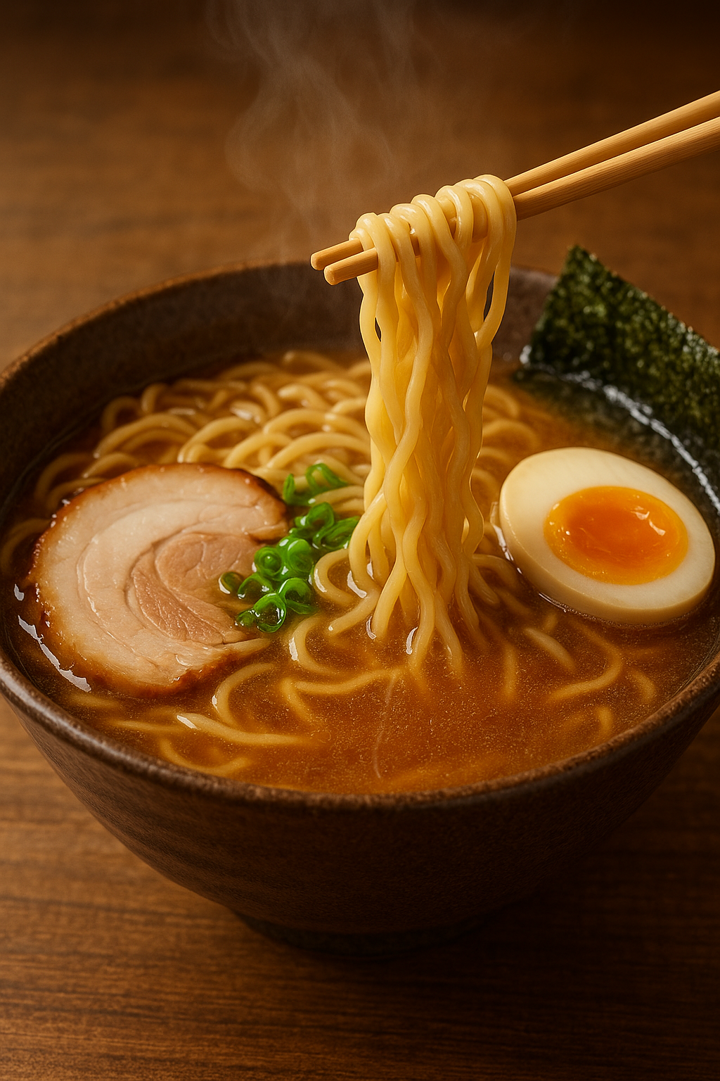 따뜻한 국물이 흐르는 라멘 사진을 만들어줘