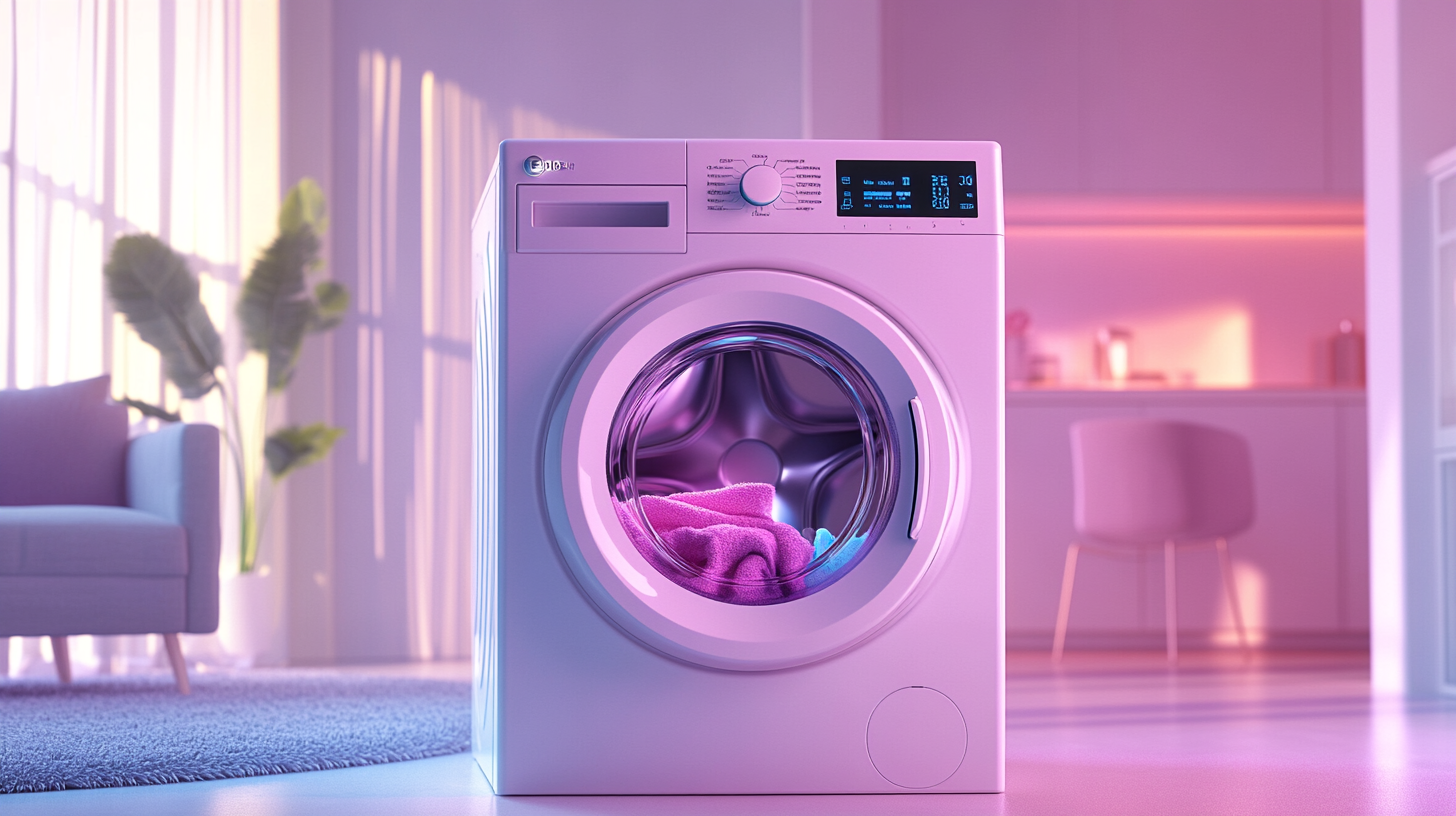 AI 세제 투입 기술을 보여주는 혁신적인 세탁기로 현대적인 집 내부에서 스마트한 세탁 경험을 강조하는 모습