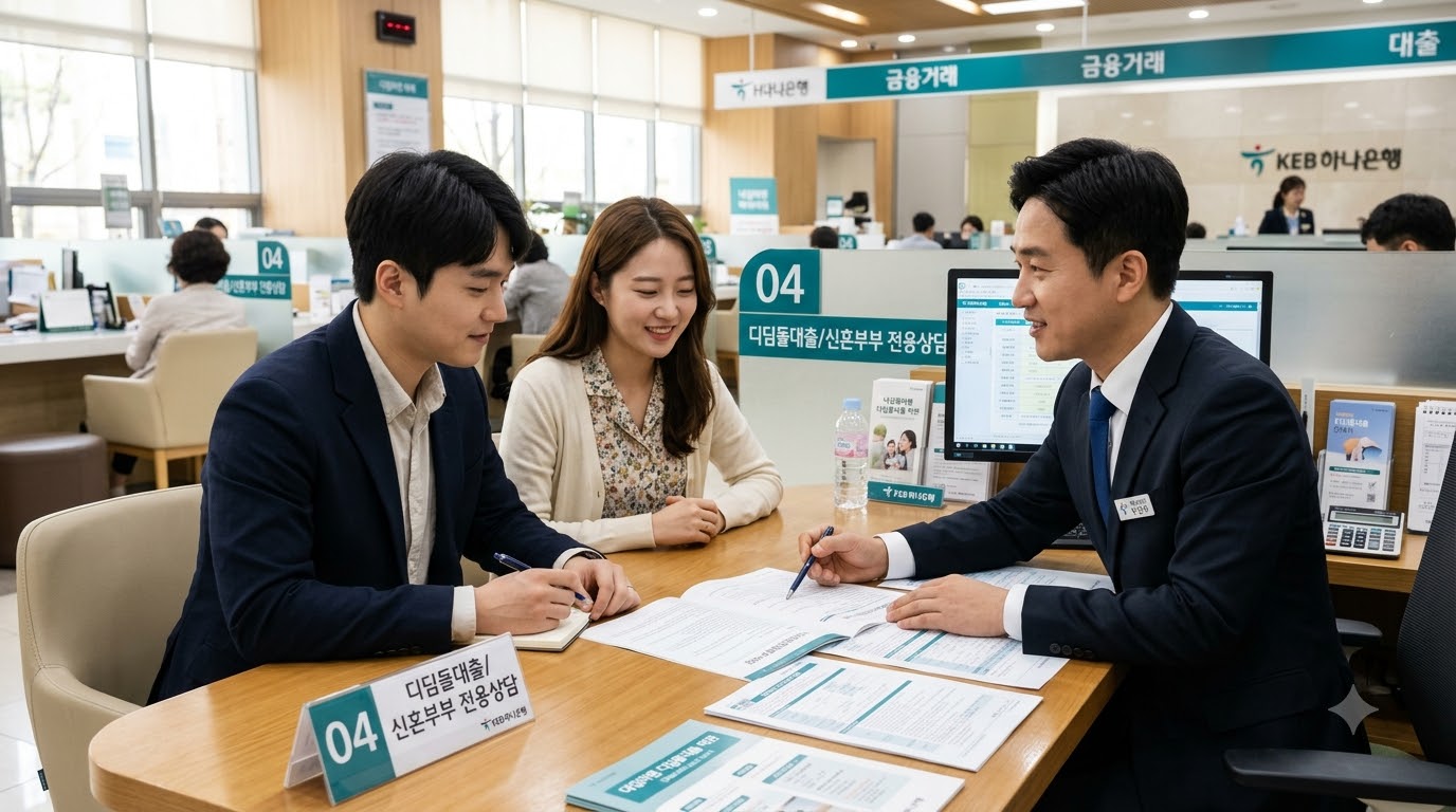 은행에서 디딤돌대출 상담을 받는 신혼부부의 모습