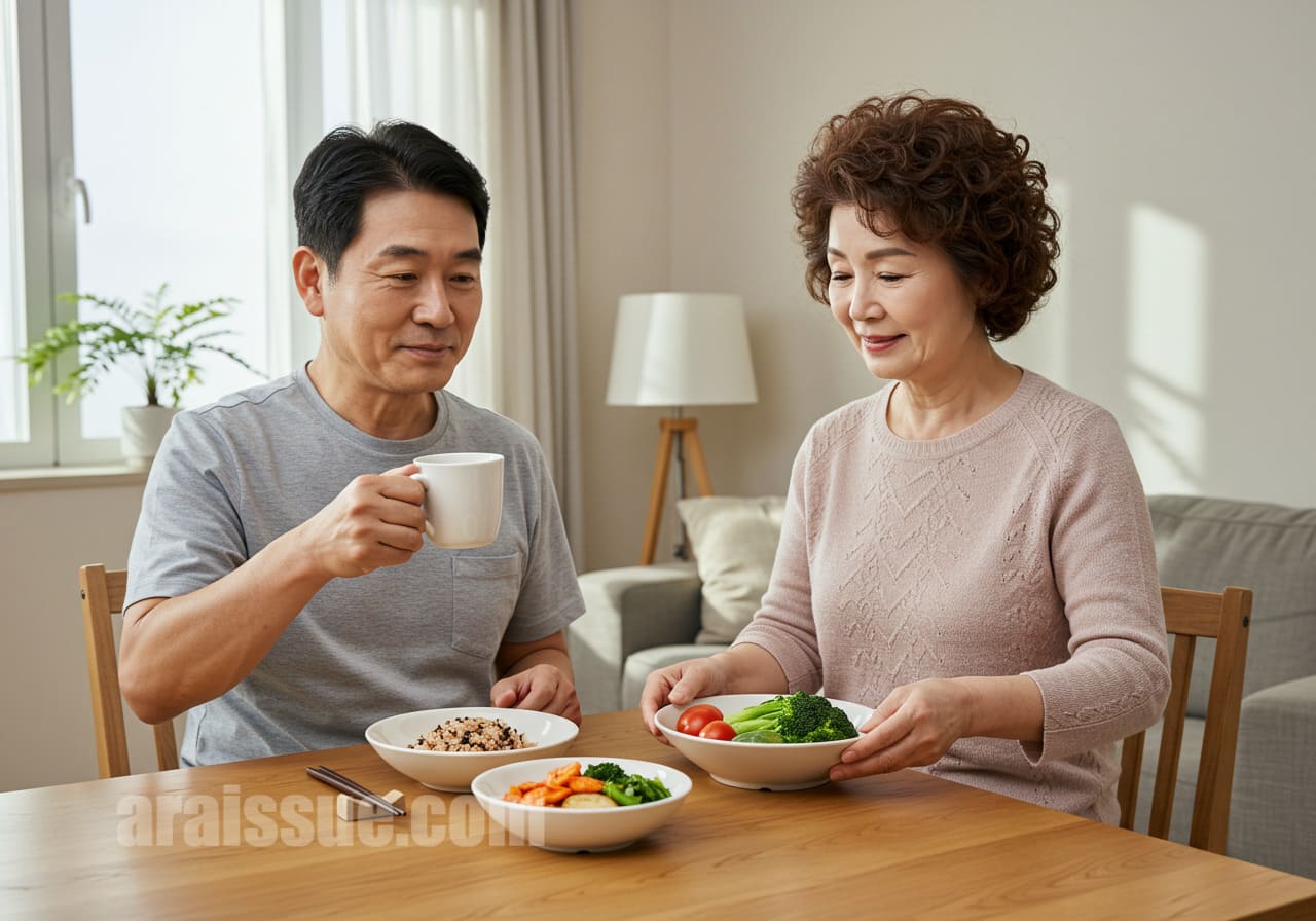 할머니와 할아버지가 자연스럽게 식사 준비하는 모습