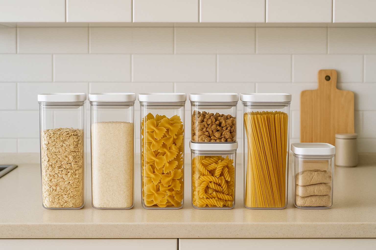 투명 밀폐 용기에 곡물과 파스타가 정리된 모습