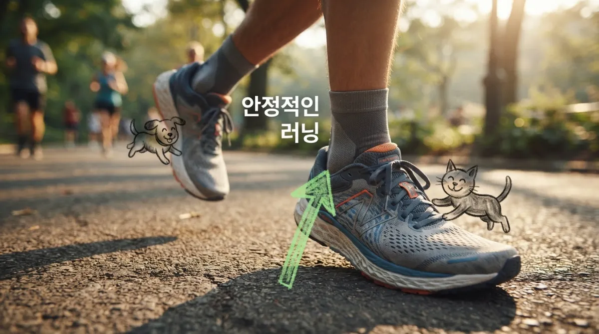 러너스 루프로 발목을 단단히 고정하고 달리는 러너의 발 모습