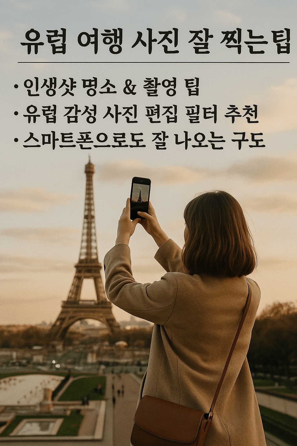 에펠탑 앞에서 스마트폰으로 사진을 찍는 여성의 모습을 담은 유럽 여행 촬영 팁 이미지