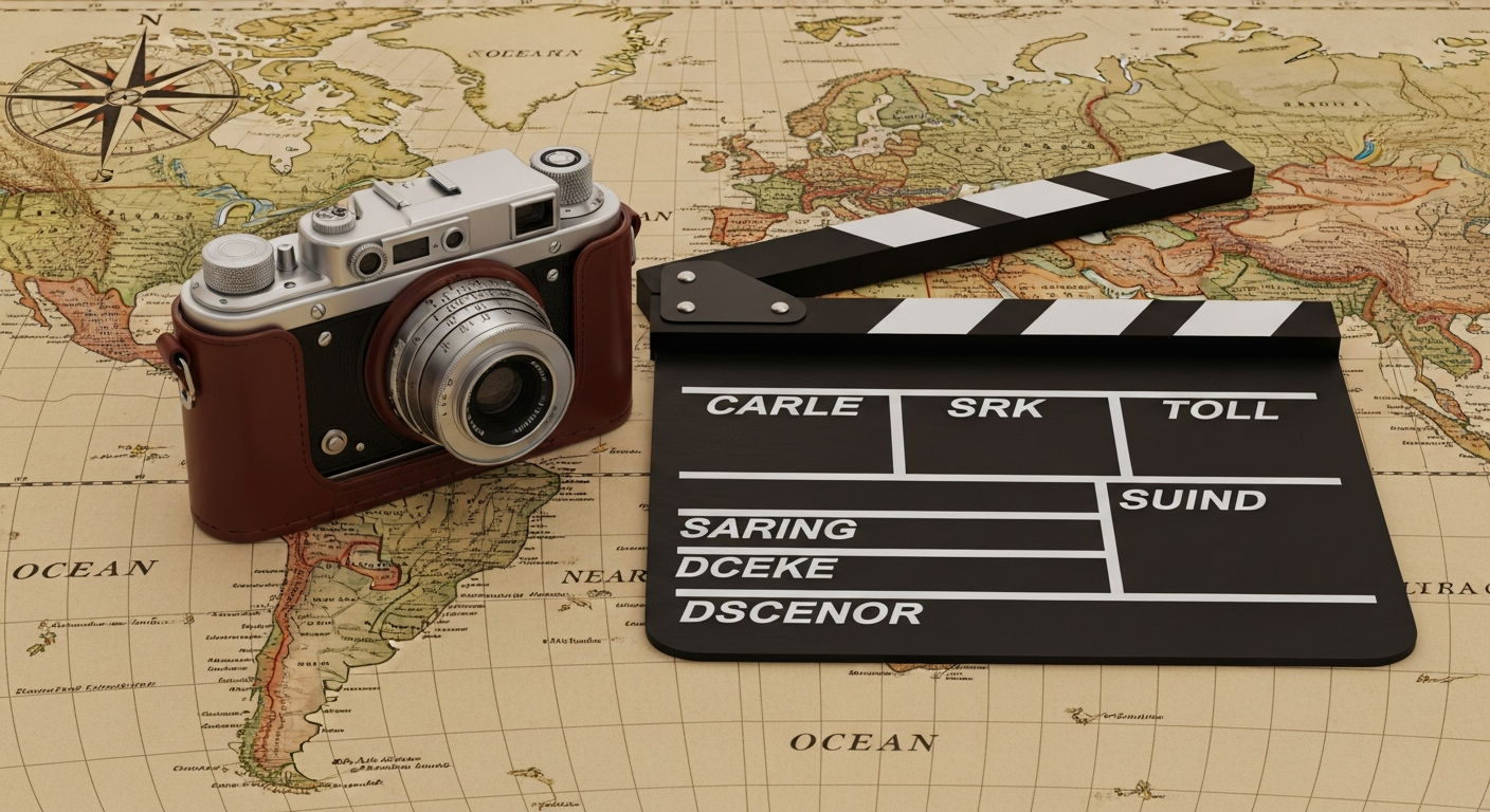 세계 지도 위에 놓인 필름 카메라나 슬레이트 이미지