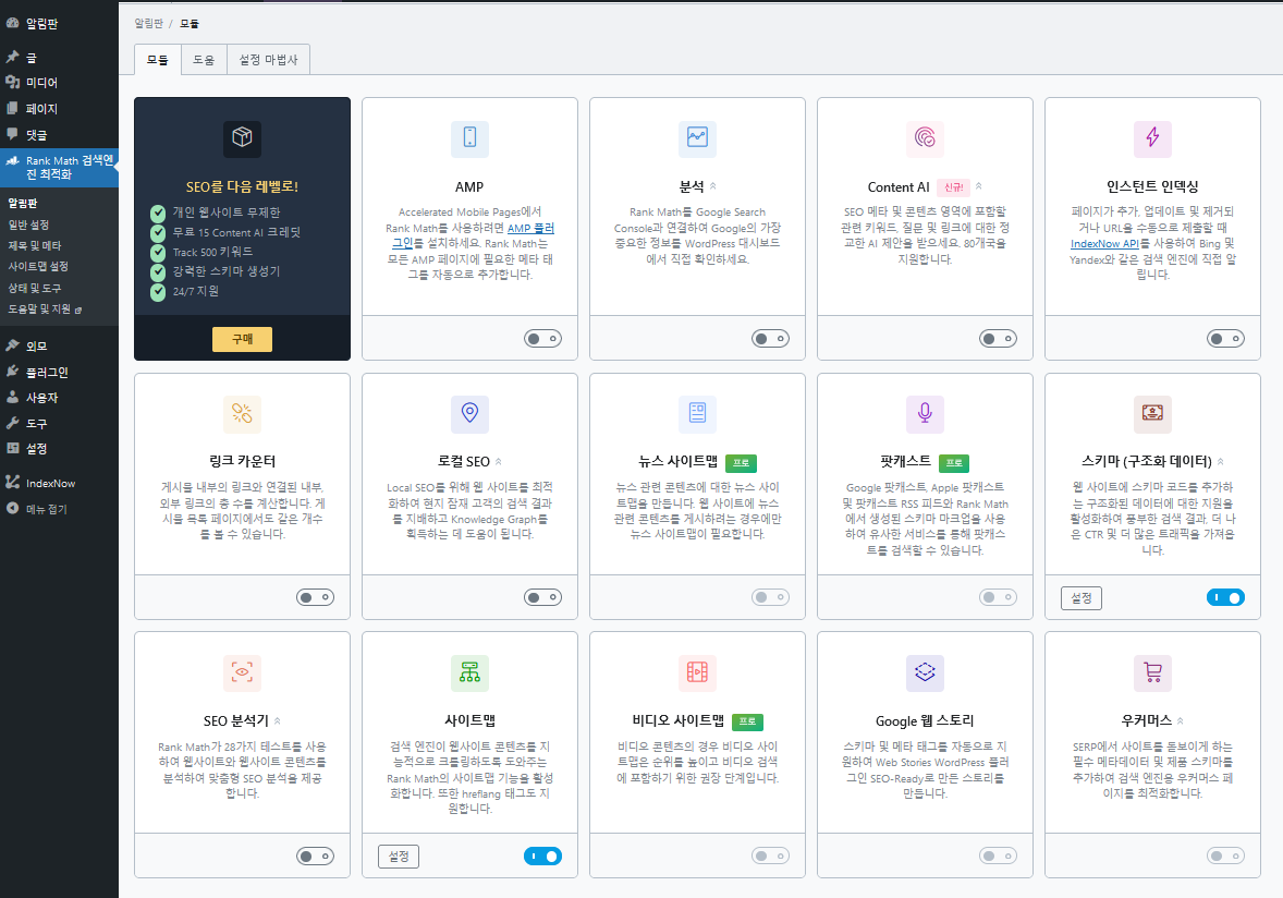 워드프레스 Rank Math 플러그인에서 특정 모듈이 표시되지 않는 경우