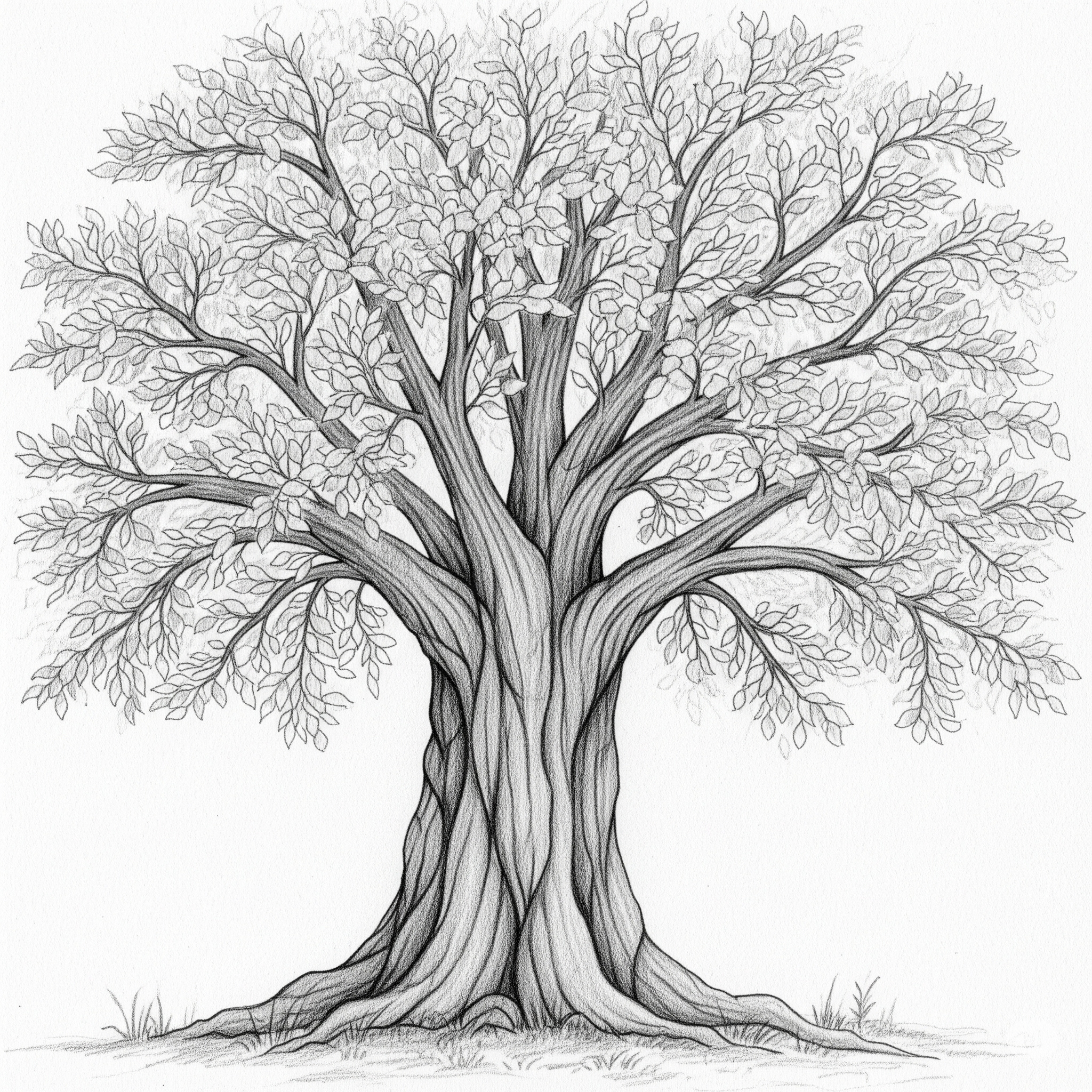 줄기가 굴고 가지사 하늘로 뻗어 있는 잎이 많은 나무