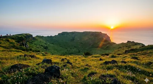 제주도 성산일출봉 위로 떠오르는 웅장한 새해 일출