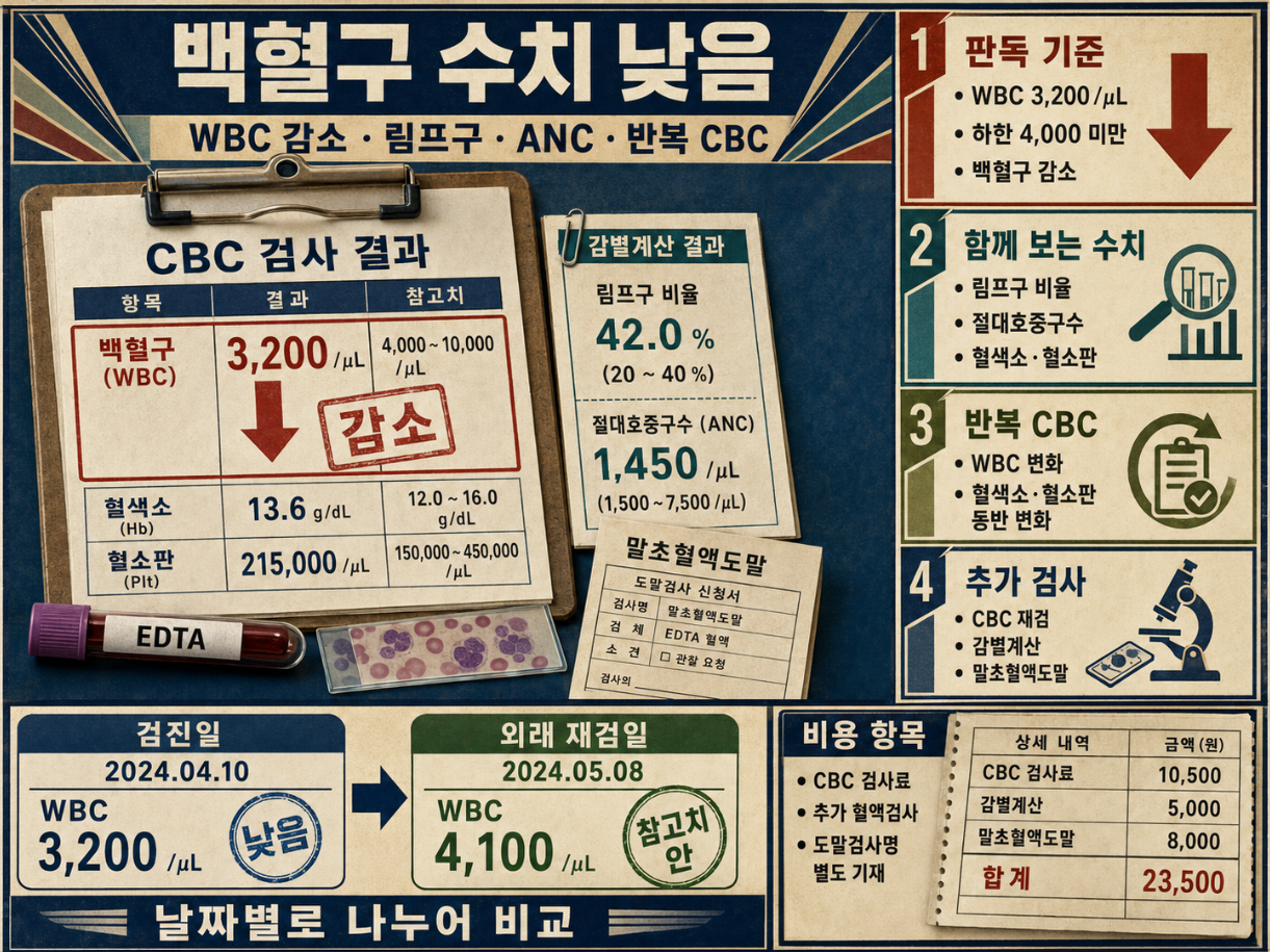 WBC 3,200/μL 사례를 중심으로 백혈구 감소, 림프구 비율과 절대호중구수 확인, 반복 CBC, 말초혈액도말, 재검 비용 항목을 정리한 인포그래픽 포스터