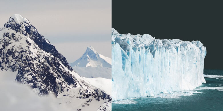 좌측은 높은 산이 눈으로 뒤덮힌 사진과 우측은 바다위에 산처럼 높은 빙하가 있는 사진