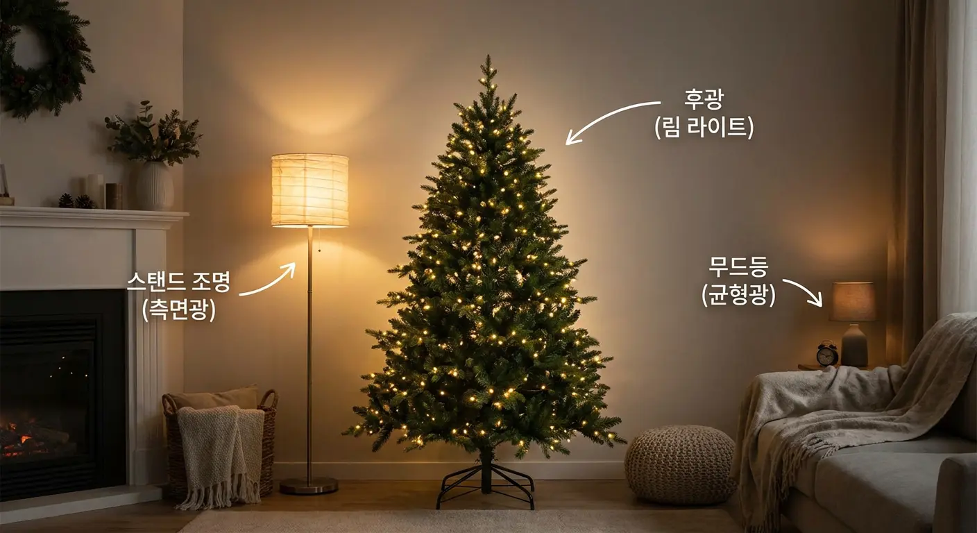 기본 크리스마스 트리 조명 배치 예시를 보여주는 거실 풍경 이미지. 트리 왼쪽에는 약한 스탠드 조명이&amp;#44; 뒤쪽에는 은은한 무드등이 배치되어 있다