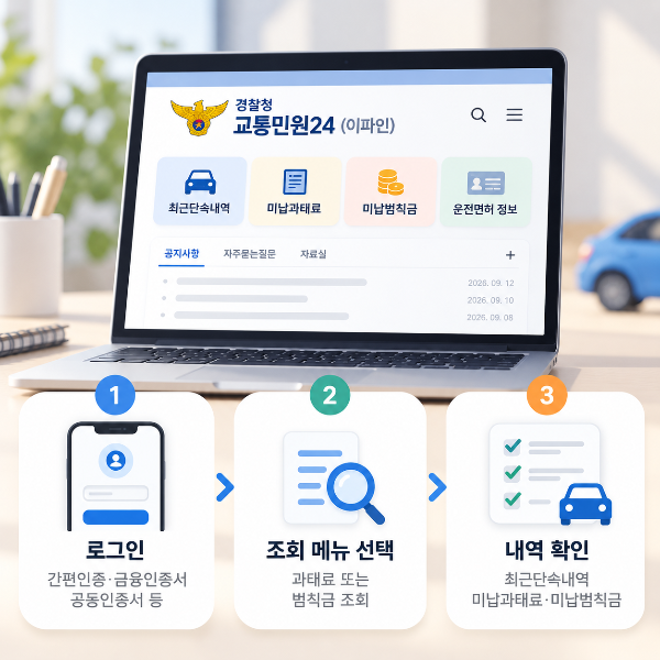 경찰청 교통민원24 이파인에서 로그인 후 범칙금과 과태료를 조회하는 방법을 안내하는 이미지
