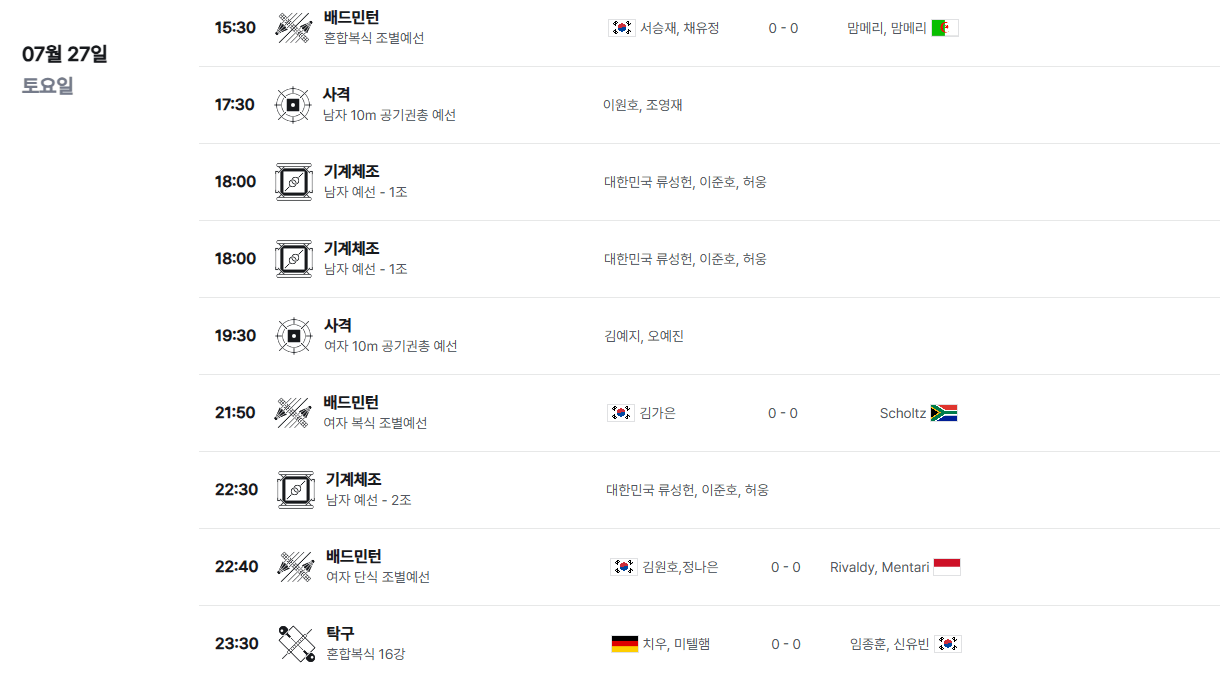 파리올림픽-대한민국 경기일정