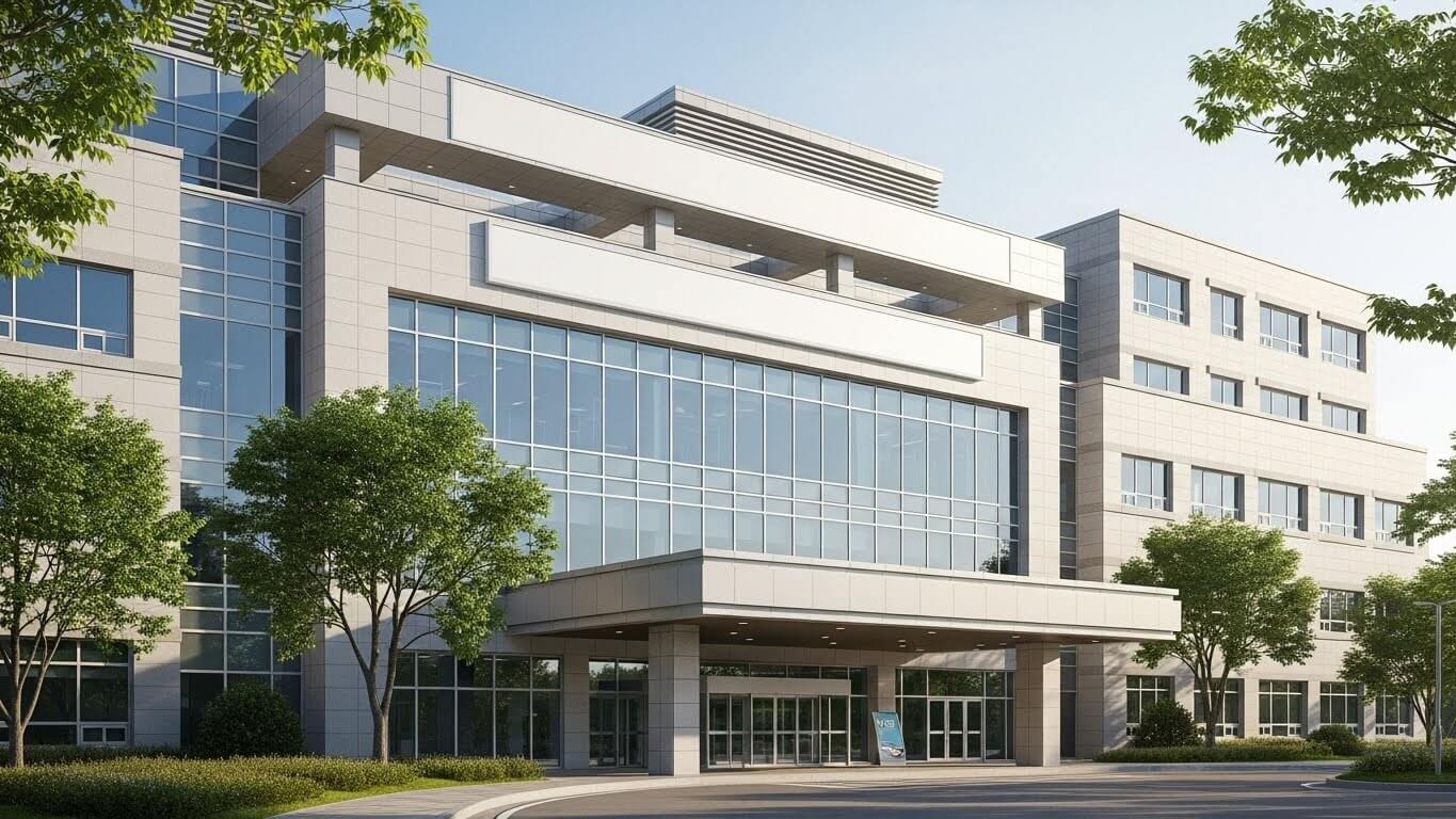 자연이 보이는 현대적인 요양병원 외관과 넓은 출입구 전경