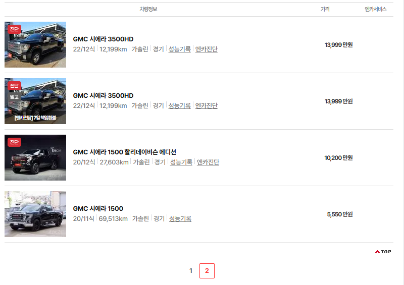 GMC 시에라 중고차 가격 시세표 연비