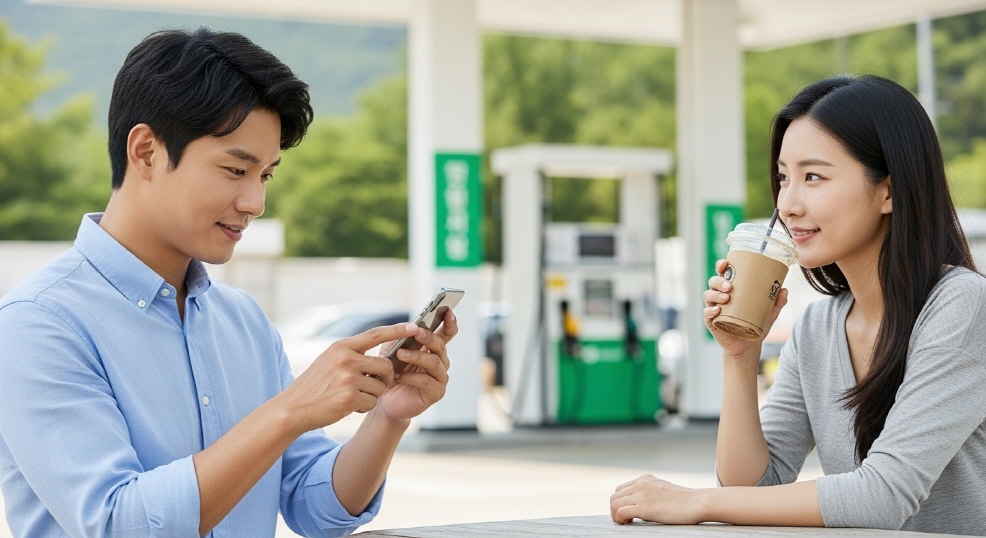커피를 마시며 주유소 앱 확인 중인 남성