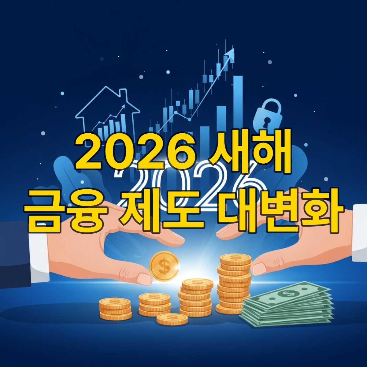 2026년 새해, 돈을 지키고 불릴 중요한 금융 제도 변화를 상징하는 이미지. 주식 그래프, 집 모양 아이콘, 잠금장치, 그리고 손 위에 놓인 동전들이 조화롭게 어우러져 희망찬 금융 미래를 암시합니다.