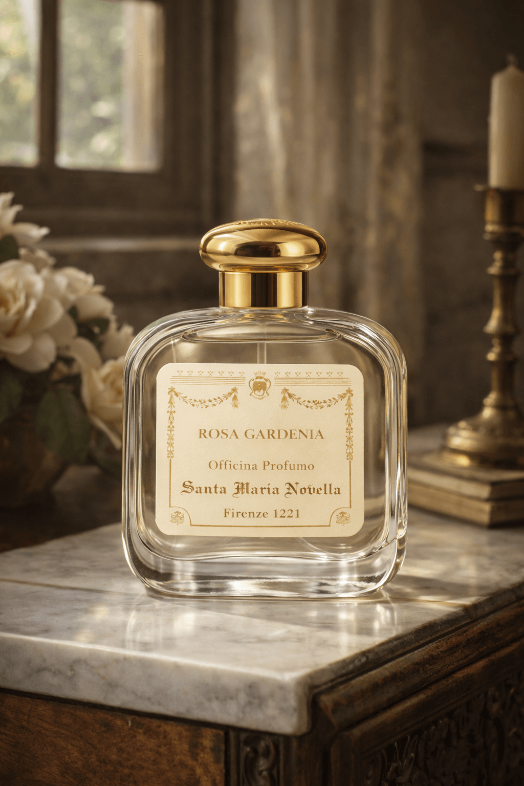 자연광이 스며드는 실내 공간에서 대리석 테이블 위에 놓인 산타 마리아 노벨라 로사 가데니아 향수병, 골드 캡과 클래식 라벨이 돋보이는 플로렌스 아포테커리 스타일 플로럴 향수