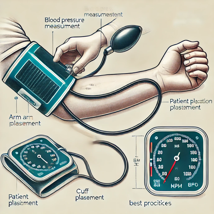 혈압 측정 시 팔 위치와 올바른 자세를 설명하는 삽화