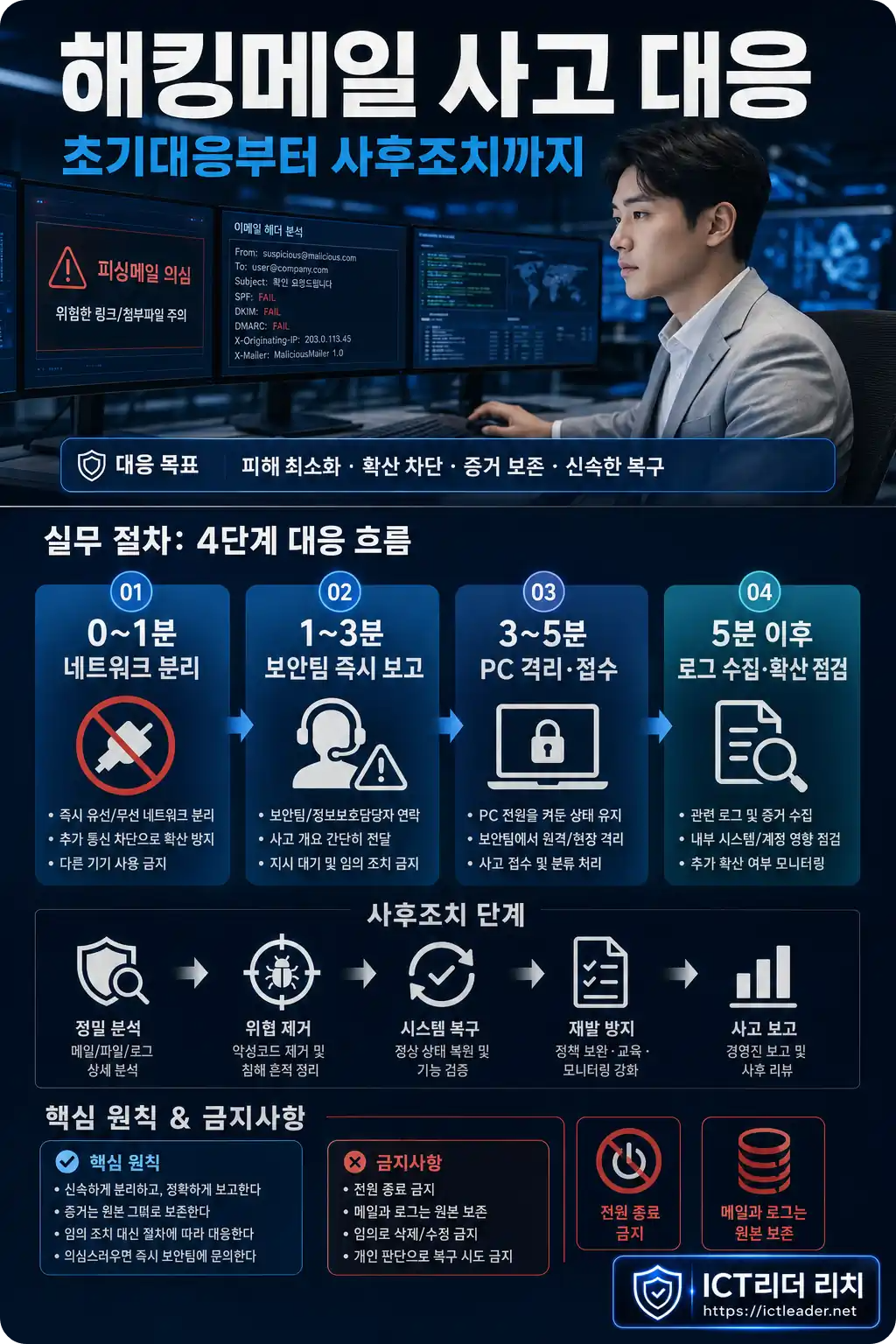 남성 침해사고 대응 전문가가 설명하는 해킹메일 발생 후 시간대별 초기대응과 사후조치 인포그래픽