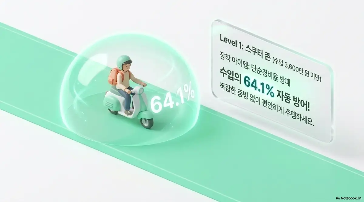 종소세 단순경비율 기준경비율: 수입 3,600만 원 미만 프리랜서에게 단순경비율 64.1%가 자동 적용되는 구간을 스쿠터 캐릭터와 보호막으로 표현한 이미지. 복잡한 증빙 없이 수입의 64.1%를 경비로 인정받을 수 있다는 내용을 시각적으로 전달하며 단순경비율 추계신고의 간편함을 설명함