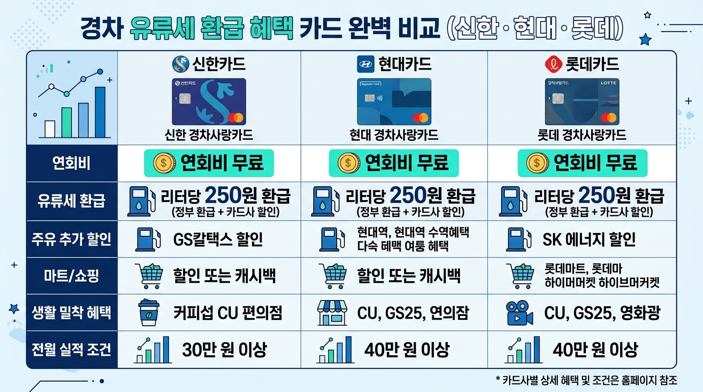 경차 유류세 환급 카드 3사 혜택 비교표 인포그래픽