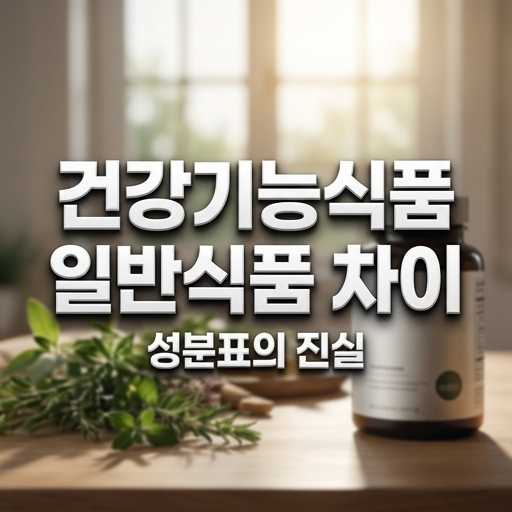 OKK 건강 정보 연구소의 3D 렌더링 블로그 썸네일 이미지. 건강기능식품 일반식품 차이 성분표의 진실 이라는 한글 제목이 명확하게 포함되어 있음.