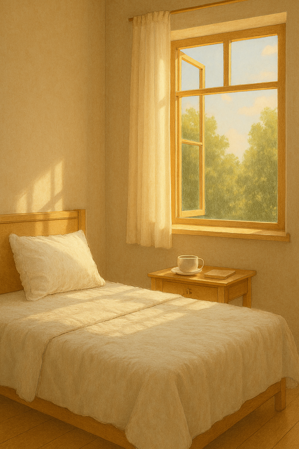 창문을 통해 들어오는 아침 햇살이 침대를 비추는 화창하고 상쾌한 침실 인테리어