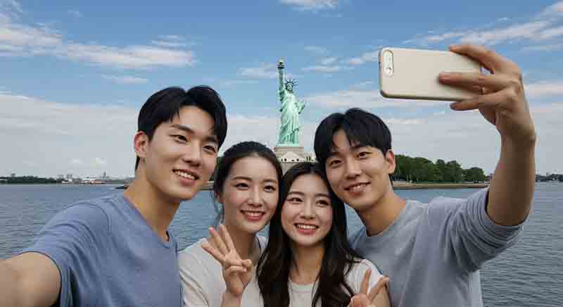미국의 자유의 여신상을 배경으로 셀카를 촬영하고 있는 장면