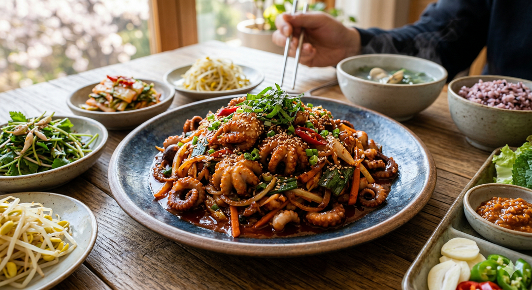 봄 제철 주꾸미 볶음 요리 접시