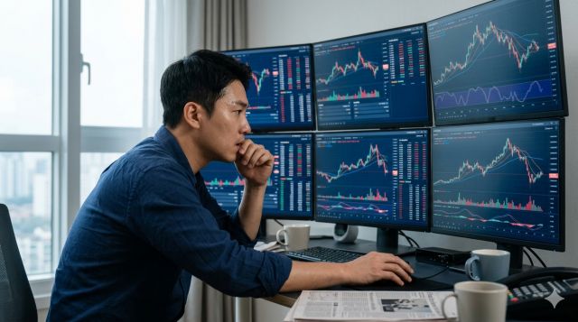 코스피 반등 상황에서 투자 타이밍을 고민하며 차트를 분석하는 개인 투자자