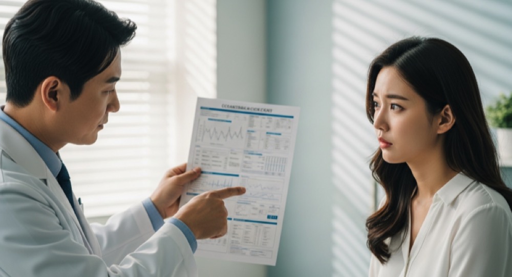 LDL HDL 중성지방 설명을 듣고 있는 병원 상담