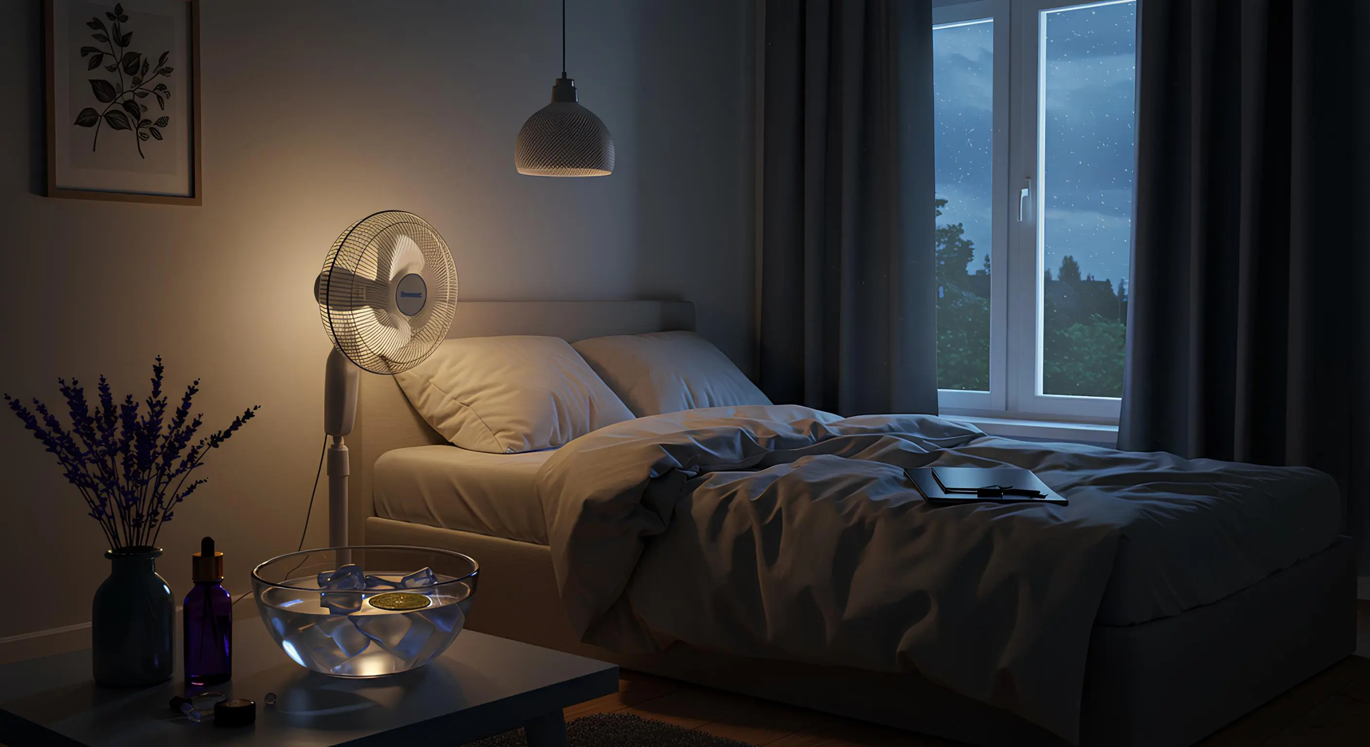 선풍기와 얼음물 그릇을 활용한 열대야 숙면 침실 환경 - 에어컨 없이 시원하게 잠자는 실용적인 여름밤 인테리어