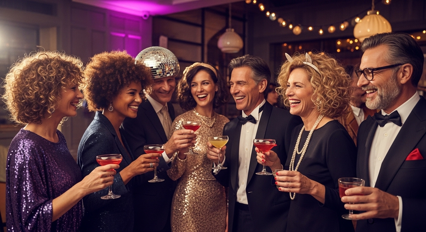 80년대 복고풍 의상을 입고 파티를 즐기는 중년들. 세련된 분위기 속에서 웃으며 칵테일을 들고 있다.