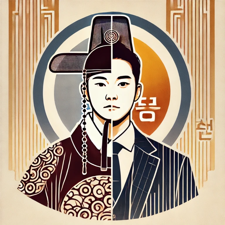 조선 시대 관료와 현대 검사 모습이 어우러진 영감 호칭의 역사적 상징 일러스트